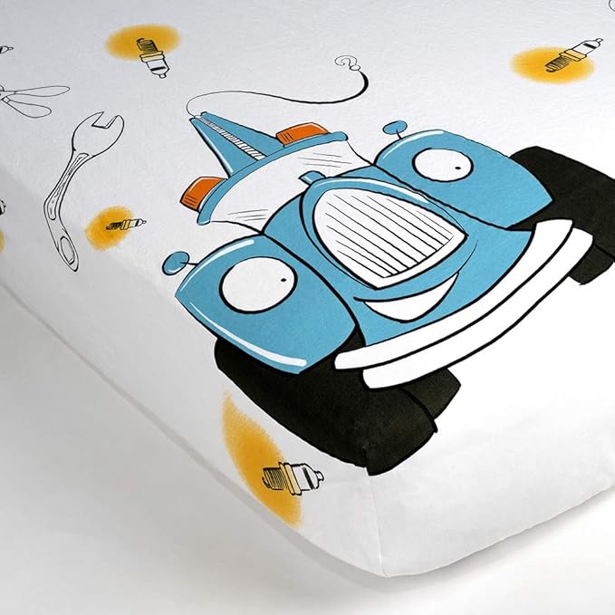 JumpOff Jo - Fitted Crib Sheet, Super Soft 100% Cotton Sheet for Standard Crib Mattresses and Toddler Beds, 28 in. x 52 in., Storytelling Designs - Jo's Garage (White)