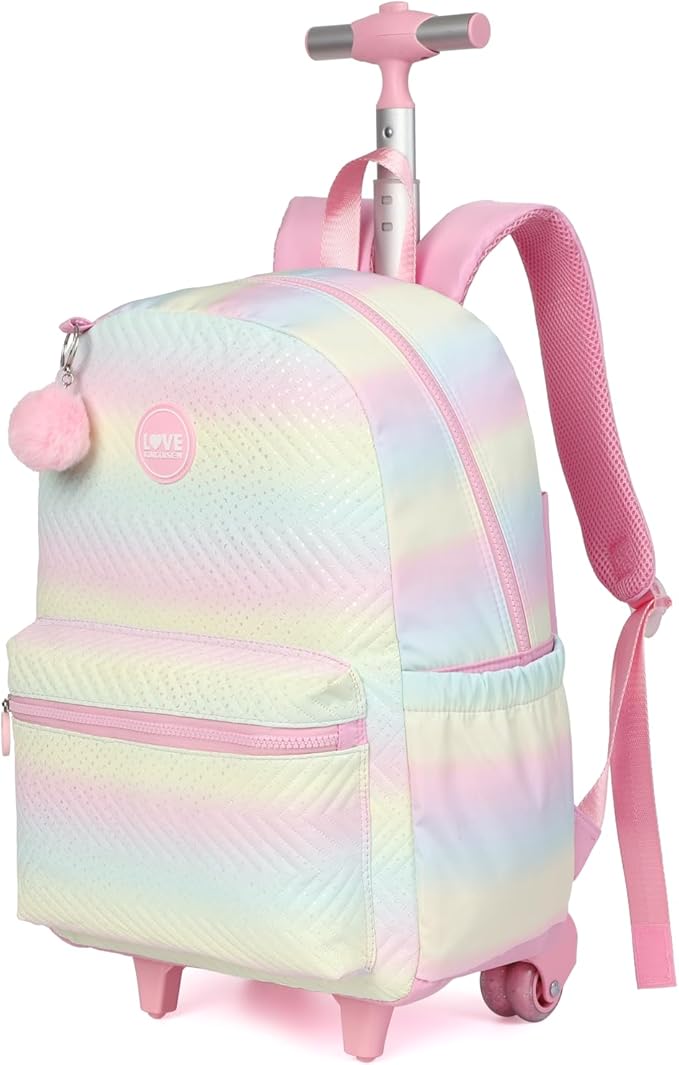 kingdisen Rolling Backpack with Wheels School Trolley Laptop Bag with Lunch Box 3pc Set for women (PU PINK)