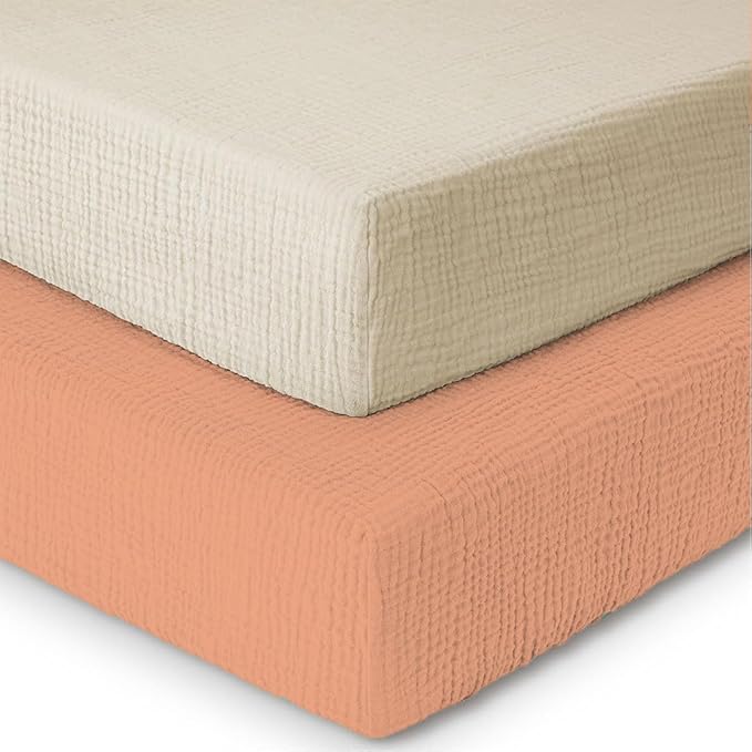 Mère & Moi Muslin Fitted Crib Sheets – 100% Cotton, Ultra-Soft & Breathable Baby Bedding for Standard Crib & Toddler Mattress (28” x 52”) - 2 Pack (Peach and Sand)