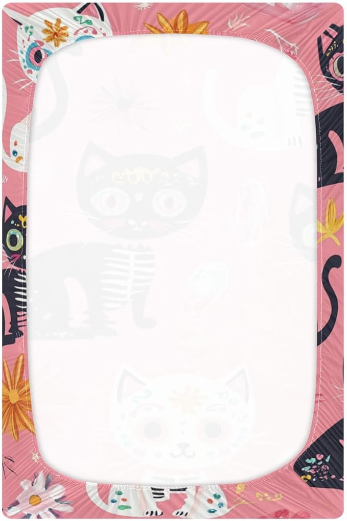 Cats Abstract Sugar Skulls Pink Crib Sheets Standard Crib Toddler Mattresses Cover Fitted Baby Bed Sheet Breathable Crib Mattress Sheet for Girls Boys 39''x27''x9''