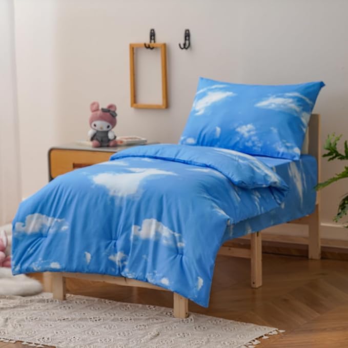 KAREVER Cloud Toddler Bedding Set 4 Pieces Crib Bed Set Kids White Blue Sky Theme Comforter Set