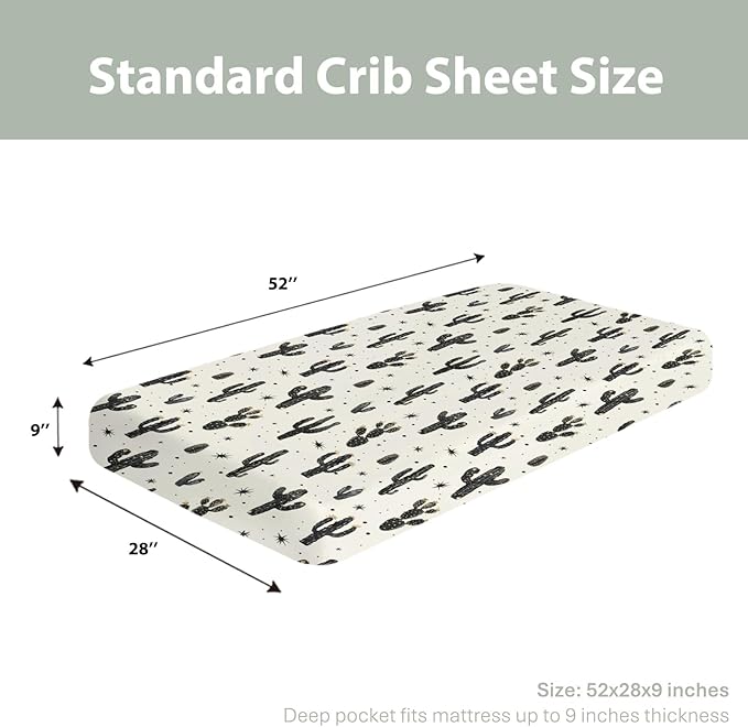 Minimalist Boho Cactus Baby Crib Sheets for Boy Girl 52"x28" Vintage Cactus Floral Soft Snug Fitted Crib Mattress Cover Wild Desert Plant Nursery Baby Sheet for Standard Crib & Toddler Bed Mattress