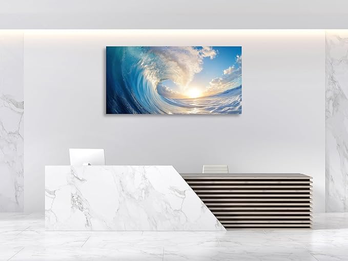 KUNHAAH Wall Art Canvas Painting Ocean Sunset Wave Clear Water 1 Piece Huge Waves Picture Poster Print Framed and Stretched Ready to Hang for Living Room Bedroom