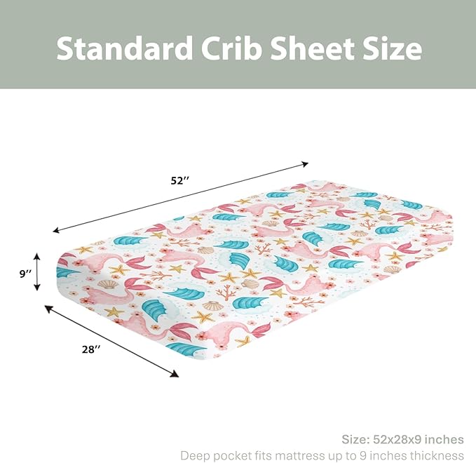 Mermaids Tails Baby Crib Sheets for Boy Girl 52x28Inch Fairytale Fish Floral Waves Starfish Conch Soft Snug Fitted Crib Mattress Cover Summer Beach Baby Sheet for Standard Crib & Toddler Bed Mattress