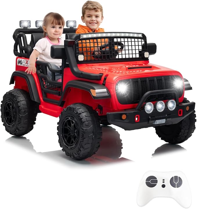 2 Seats 24V Kids Electric Ride on Car with Remote Control, 20" Large Seat with 2 Safety Belts, Two 200W Battery Powered Electric Vehicle for 3+ Years, LED Light, Music,Horn,USB Port, Riding Toy, Red