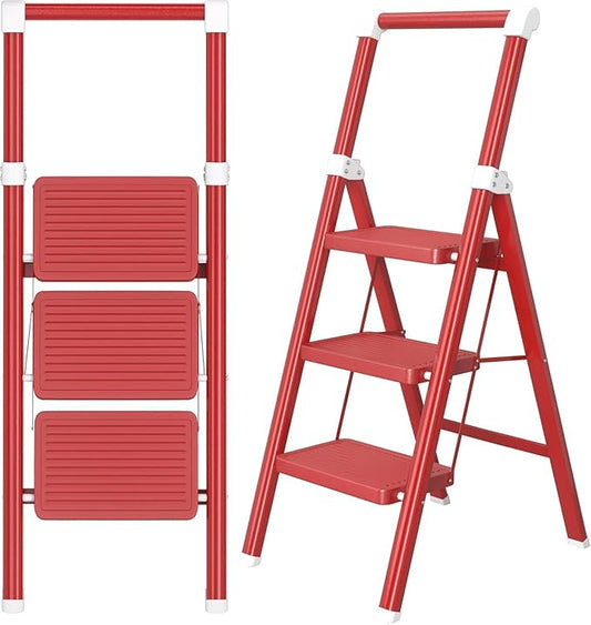 3 Step Ladder, DIAMONDFORGE Foldable Step Stool with Wide Non-Slip Pedal, Non-Slip Feet and Hand Grip, Durable Steel Build, Steel Step Ladder for Home Use, Red White