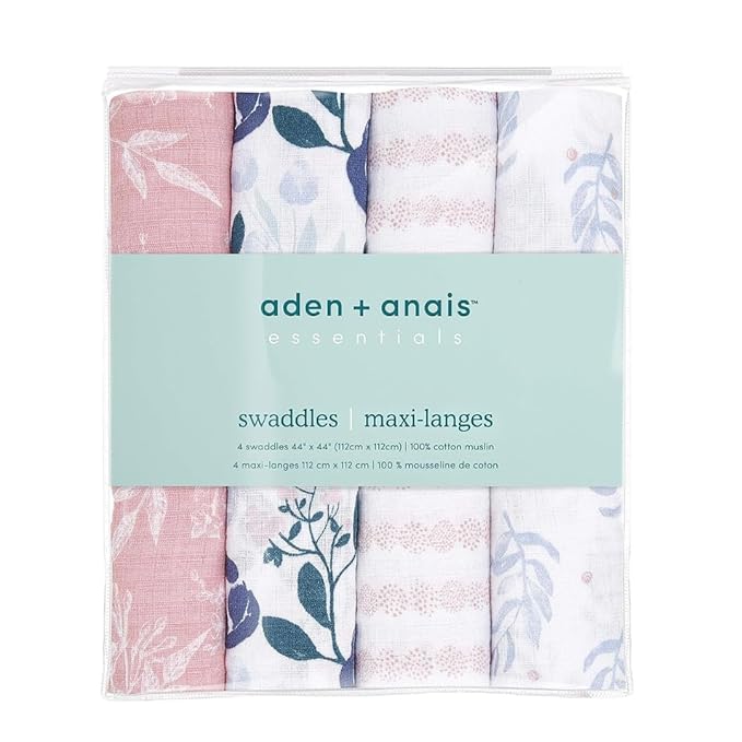aden + anais Essentials Muslin Swaddle Blankets for Baby Girls and Boys, Newborn Receiving Blanket for Swaddling, 100% Cotton Baby Swaddle Wrap, 4 Pack, Flower's Bloom