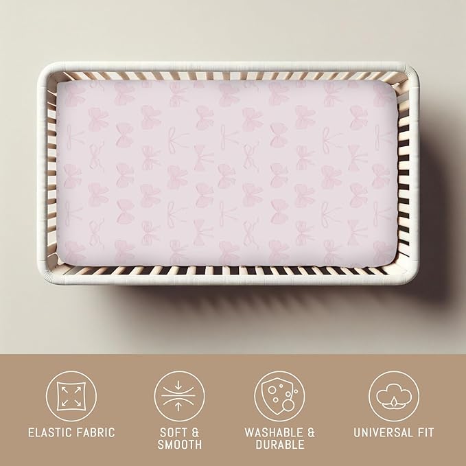 Pastel Pink Bows Baby Crib Sheets for Boys Girls Preppy Girly Ribbons Soft Snug Fitted Crib Mattress Covers for 52''x28'' Standard Crib & Toddler Mattress Cute Valentine Bows Nursery Bed Sheets