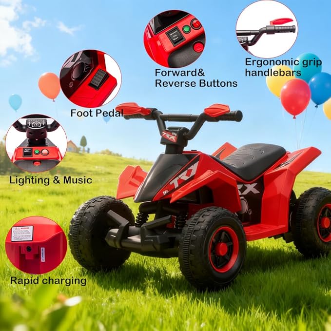 6V Kids Ride On ATV Quad for Boys & Girls, Battery Powered 4-Wheeler with Forward/Reverse, LED Lights, Built-in Music, Wide Seat, Plastic Wheels, Off-Road Style Electric Ride On Toy for Kids Ages 2–6