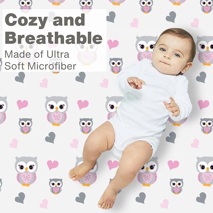 Everyday Kids 2 Pack Fitted Girls Crib Sheet, 100% Soft Breathable Microfiber Baby Sheet, Fits Standard Size Crib Mattress 28in x 52in, Nursery Sheet - Sweet Owls/Pink