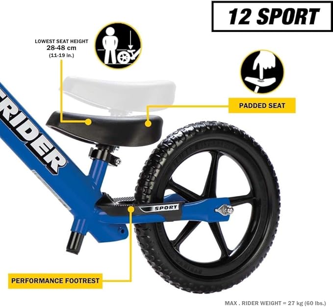 Strider 12” Sport Bike - No Pedal Balance Bicycle for Kids 1 to 4 Years - Includes Safety Pad, Padded Seat, Mini Grips & Flat-Free Tires - Tool-Free Assembly & Adjustments