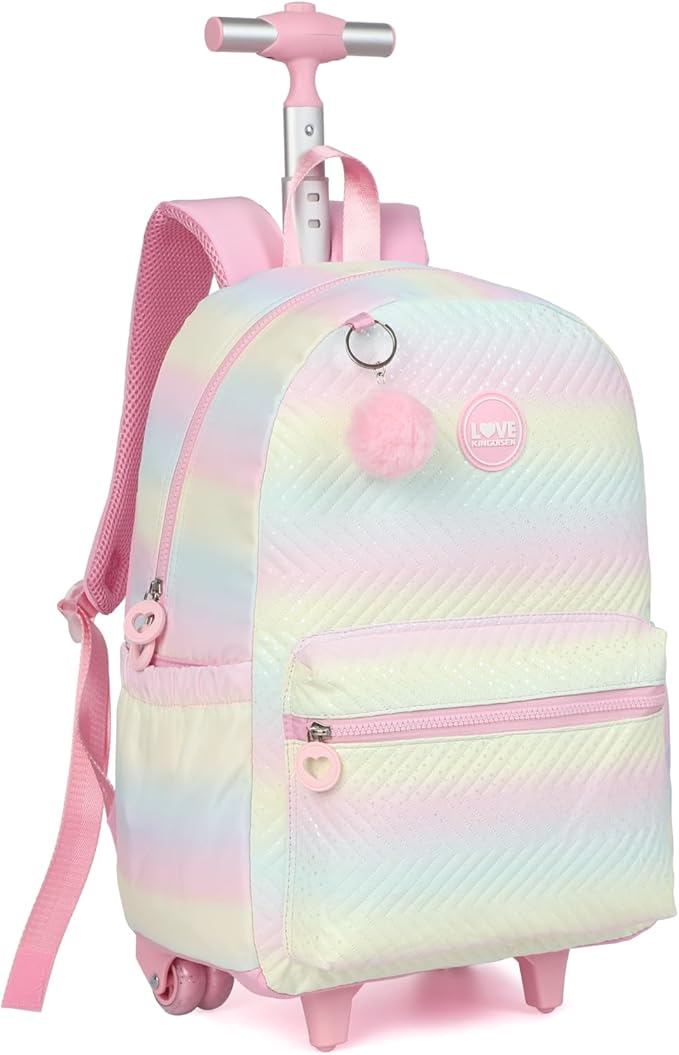 kingdisen Rolling Backpack with Wheels School Trolley Laptop Bag with Lunch Box 3pc Set for women (PU PINK)