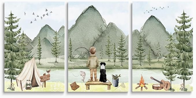 Fishing Nursery Wall Art, Boys With Dog Fishing Wall Decor, Woodland Camping Nursery Decor, Mountain Forest Wall Art, Outdoor Adventure Nature Print for Boy Room Decor, Framed Set of 3, 12"x16"x3