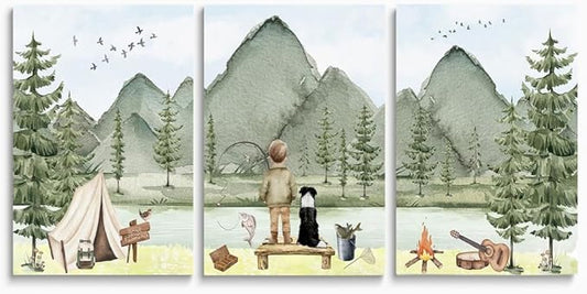 Fishing Nursery Wall Art, Boys With Dog Fishing Wall Decor, Woodland Camping Nursery Decor, Mountain Forest Wall Art, Outdoor Adventure Nature Print for Boy Room Decor, Framed Set of 3, 12"x16"x3