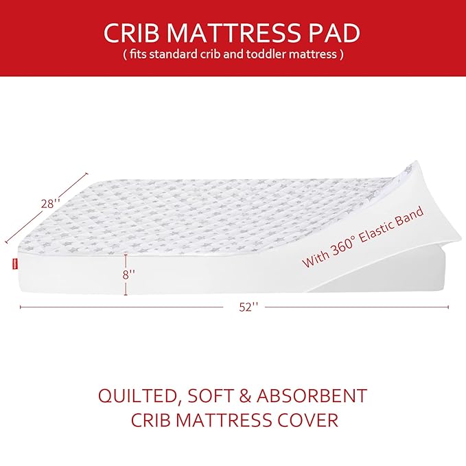 Crib Mattress Protector Waterproof, Quilted Crib Mattress Pad Cover 52" x 28" Extra Soft Breathable Toddler Bed Cover Stretch Up to 8", White Star