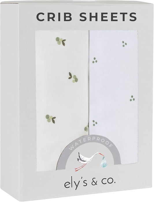 Ely's & Co. Patent Pending Waterproof Pack and Play Sheets, 100% Cotton with Waterproof Lining – 2 Pack Fitted Mini Crib Sheet Set, Berry and Cluster Dot (Sage) 38” x 24”