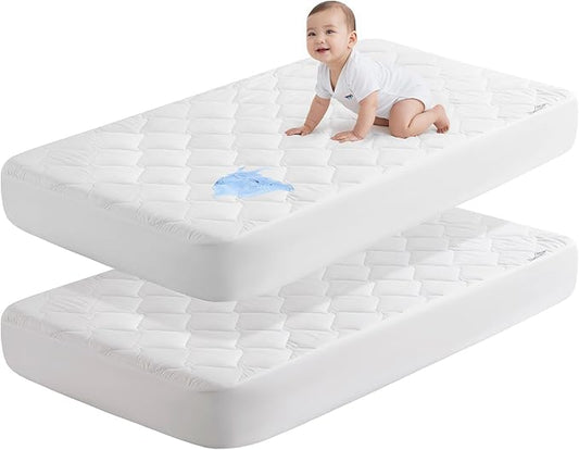 SLEEP ZONE Waterproof Crib Mattress Protector 2 Pack, Elastic Fitted Twin Mattress Pad Ultra Soft and Breathable, Machine Washable Mattress Cover for Standard Baby Crib Size 52''x28'', Pure White