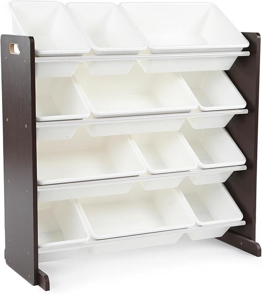 Humble Crew Kids Toy Storage Organizer with 12 Plastic Bins, Espresso/White – Removable Bins for Playroom, Bedroom, Toddler Furniture for Boys and Girls Ages