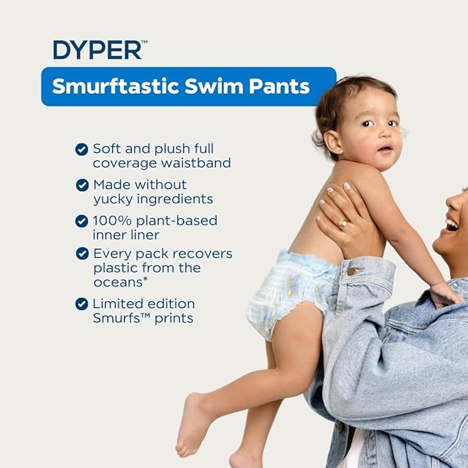 DYPER Smurftastic Baby Swim Diapers (21 Count), Hypoallergenic Plant-Based Baby Swim Diaper | Eco-Friendly & Absorbent Swimming Diapers for Babies, Size S