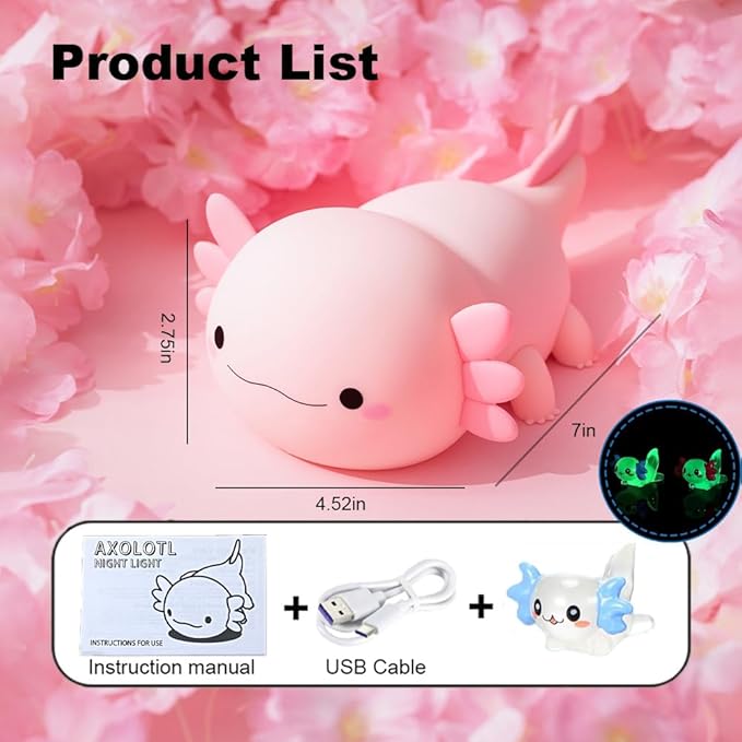 Cute Axolotl Night Light for Kids Bedroom, Animal Silicone Nursery Night Lamp Touch Control Nightlights USB Rechargeable Bedside Lamp for Baby Children Toddlers Girls Gift (pink Axolotl 1)