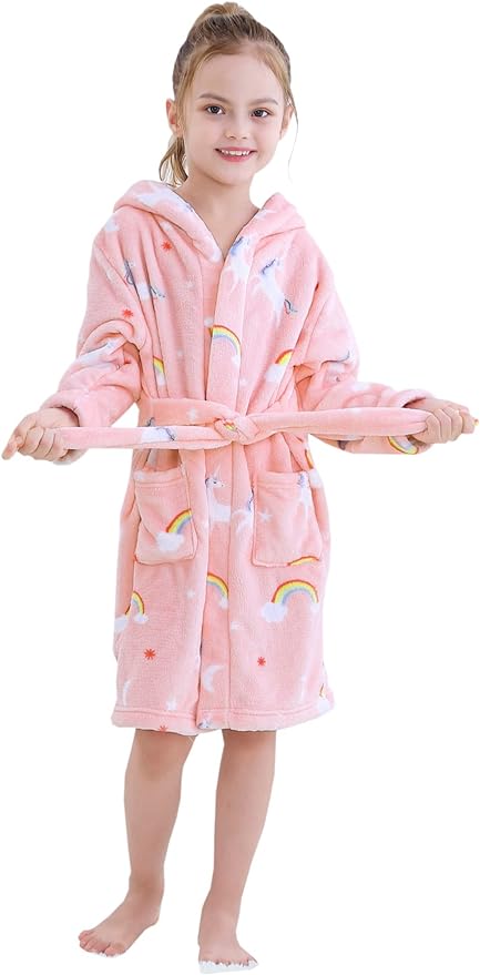 Umeyda Girls Fleece Hooded Robes, Warm Printed Bath Robe for Kids Soft Fuzzy Bathrobe for Gifts