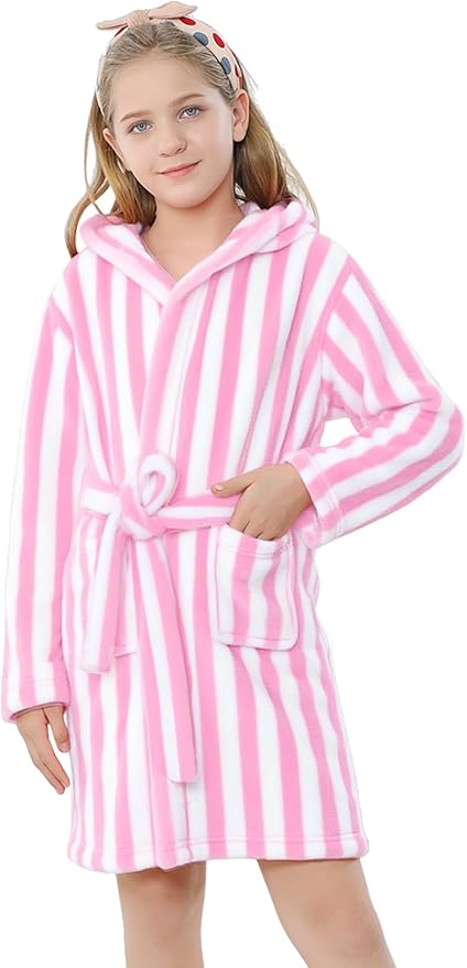 Umeyda Girls & Women Fleece Hooded Robes, Soft Fuzzy Bathrobe Warm Plush Fluffy Bath Robe for Kids Womens