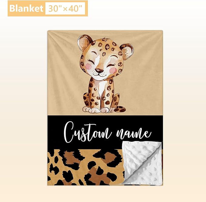 Personalized Baby Bedding Set - 3 Pcs Custom Name Crib Bedding Set for Nursery, Soft Baby Crib Set with Double Layer Blanket for Boy Girl, Customized Gifts for Infant Toddler, Brown Leopard