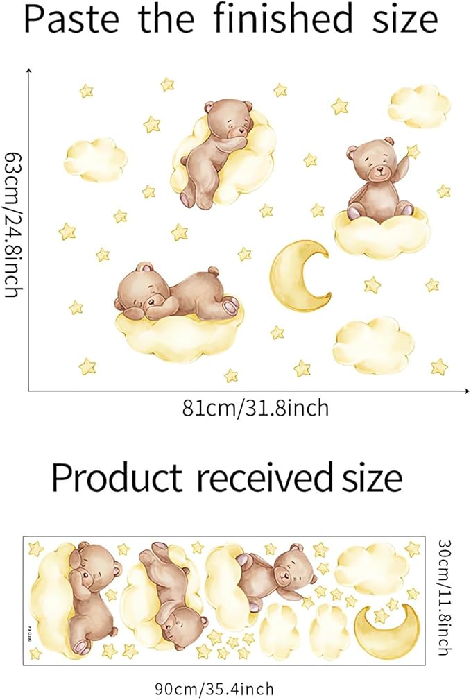 Cute Yellow Sleeping Baby Bear Wall Stickers, sacinora Moon and Stars DIY Art Wall Decals Removable Vinyl Peel and Stick for Kids Baby Nursery Bedroom Toddler Room Kindergarten Decorations