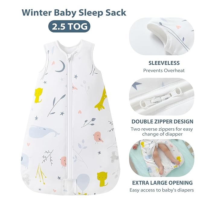 Mosebears Sleep Sack Baby Winter Wearable Blanket with 2-Way Zipper,2.5 TOG Cotton Sleep Sack Unisex (2 Pack, 0-6 Months)
