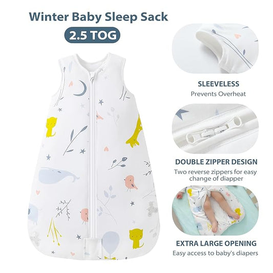 Mosebears Sleep Sack Baby Winter Wearable Blanket with 2-Way Zipper,2.5 TOG Cotton Sleep Sack Unisex (2 Pack, 12-18 Months)