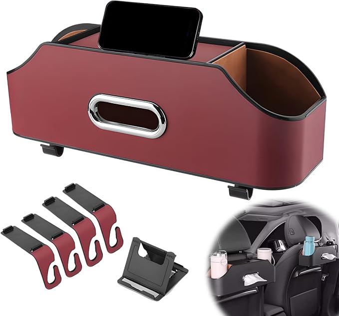 4-in-1 Car Backseat Organizer, 2026 New Car Seat Back Storage Box, Multifunctional Car Back Seat Storage Organizer with Cup Holders, Tissue Box Slot, Hooks to Keep Your Ride Clean & Organized (Red)