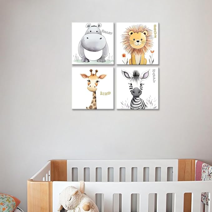 GLOKAKA Nursery Wall Decor Motivational Quotes Canvas Print Wall Art for Kids Bedroom Safari Animal Jungle Boy's Girl's Art Frame Cute Baby Room Decor Artwork Set of 4