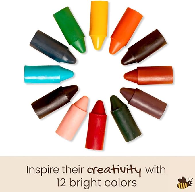Honeysticks 100% Pure Beeswax Crayons (12 Pack) - Non Toxic Crayons for Toddlers 1-3, Safe for Baby from 1 Year Old Plus, Handmade with Natural Beeswax and Food-Grade Colors, Eco Friendly