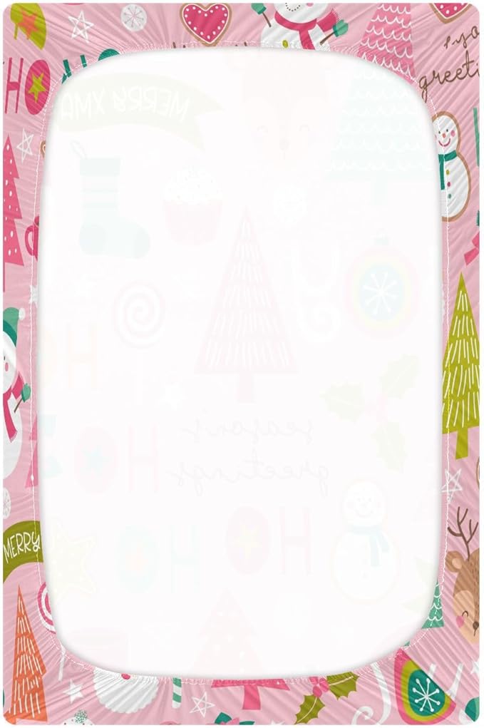 CEBUGI Stretchy Crib Sheet for Baby Boy Girl,Pink Father Christmas Portable Mini Fitted Pack N Play Playard Sheet for Neutral,Ultra Soft Material,Full Standard Toddler Mattresses,M