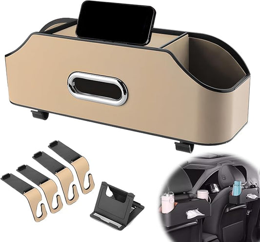 4-in-1 Car Backseat Organizer, 2026 New Car Seat Back Storage Box, Multifunctional Car Back Seat Storage Organizer with Cup Holders, Tissue Box Slot, Hooks to Keep Your Ride Clean & Organized (Beige)