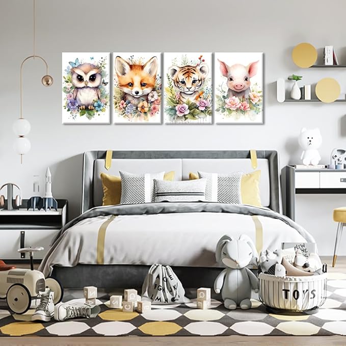 NAMENLAIMI Animal Wall Art Canvas Cute Owl Fox Tiger Pig Picture Prints Nursery Animals Paintings Animal with Flower Pictures Wall Decor for Kids Room Decor Frame(Animal-4,20.00" x 30.00" x 4Pcs)