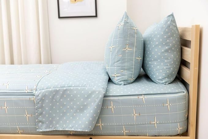 Beddy's Airplane Theme Durable Zipper Bedding for Kids, Bed in a Bag, Light Blue Sheets & Comforter with Plane Design, Includes Pillowcase & Pillow Sham Easy to Make & Wash