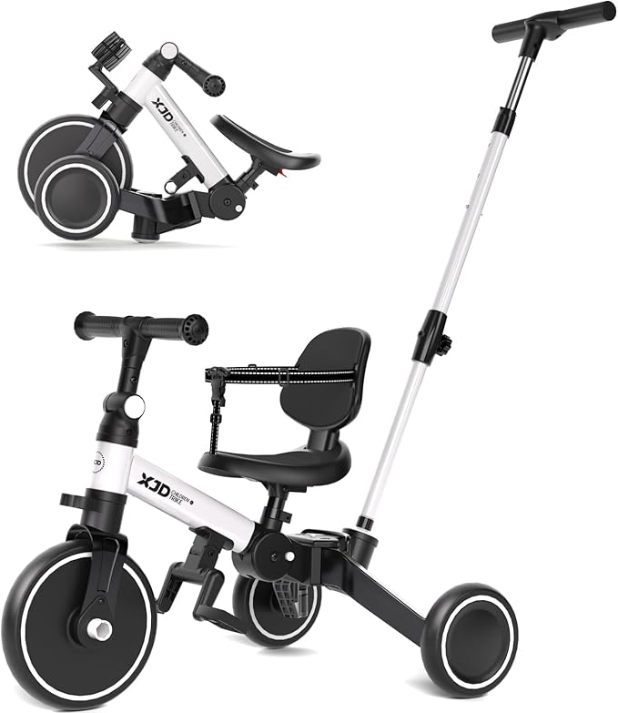 XJD Toddler Bike, 6 in 1 Folding Toddler Tricycle for 1-4 Year Old with Parental Control Handle, Balance Bike with Removable Pedal, Backrest, Adjustable Seat, First Birthday Gifts (White)