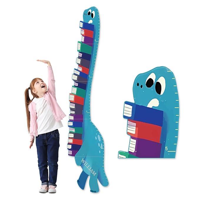 Woodemon Personalized Name Growth Chart for Wall, Dinosaur Book Wooden Growth Chart Kids Height Chart,Growth Ruler for Toddler Playroom Decor 62.4" x 15.5"