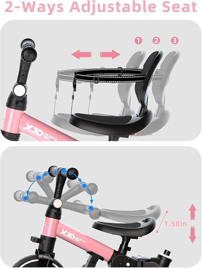 Glaf Tricycle for Toddlers 1-3 Toddler Bike with Push Handle 2-4 Years Baby Bike Toy for 1 Year Old Boys and Girls Balance Bike with Removable Pedal, Backrest, Adjustable Seat, Gifts (Pink