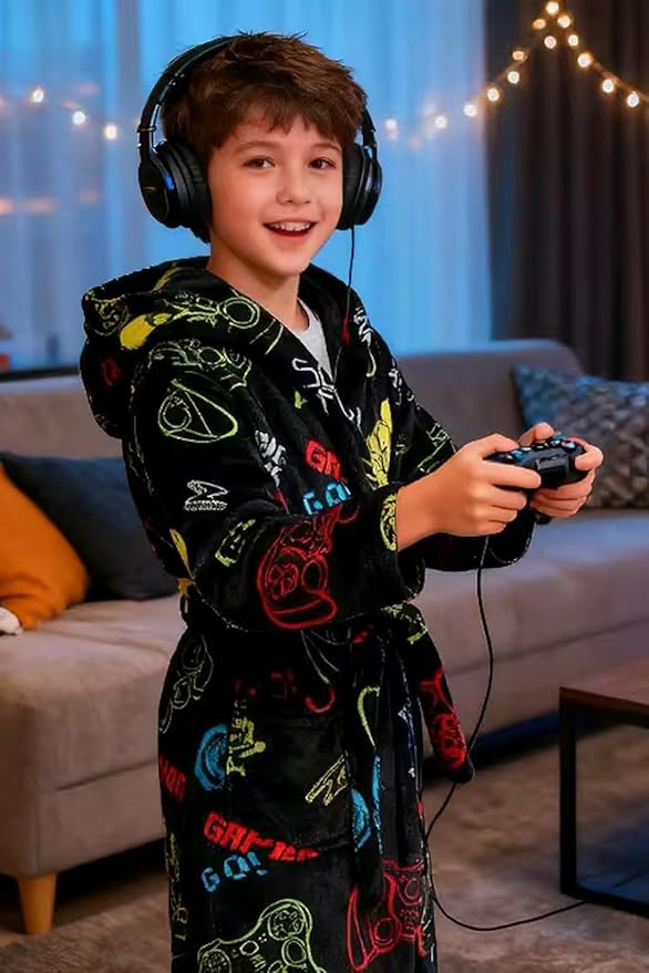 Boys Girls Robe Kids Flannel Hooded Bathrobe Sleepwear Pajamas Toddler Soft Plush Robes for Girls 2-16 Years