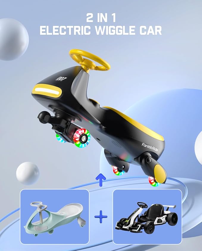 FanttikRide N7 Pro Electric Wiggle Car with Pedal, Rechargeable Battery, CyberWiggle, 2 in 1 Swing Car, 2 Speeds Max 4 Mph, Anti-Rollover, Flashing Wheels, Bluetooth, for Ages 3 and Up, 150 Lbs,Yellow