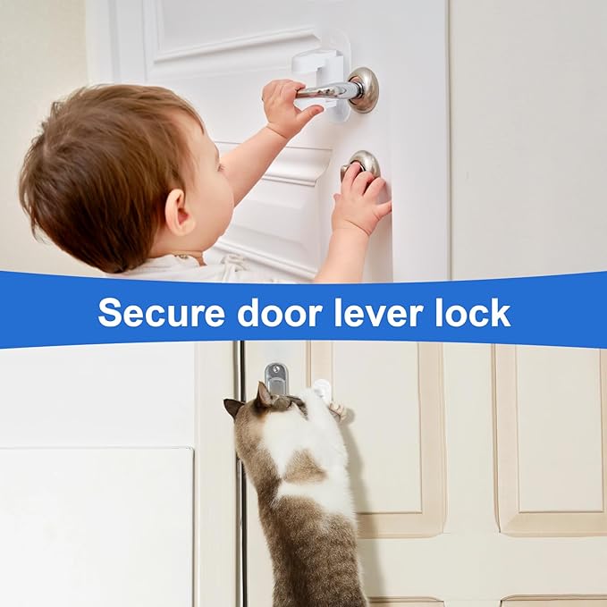 Door Handle Baby Proof, 2 Packs Prevents Kids From Opening Doors. Baby Door Lock, 3M Adhesive, Easy to Install, No Tools or Tape Required. Doors Lever Lock, Great for Dogs and Cats