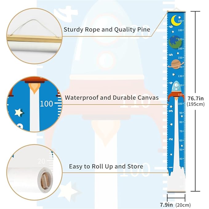 Baby Height Growth Chart - Canvas Height Chart for Kids Baby Child Toddler Boys Girls Growth Chart for Wall Room Nursery Decor Hangable and Removable Measuring Wall Ruler (Rocket, Black Wood)