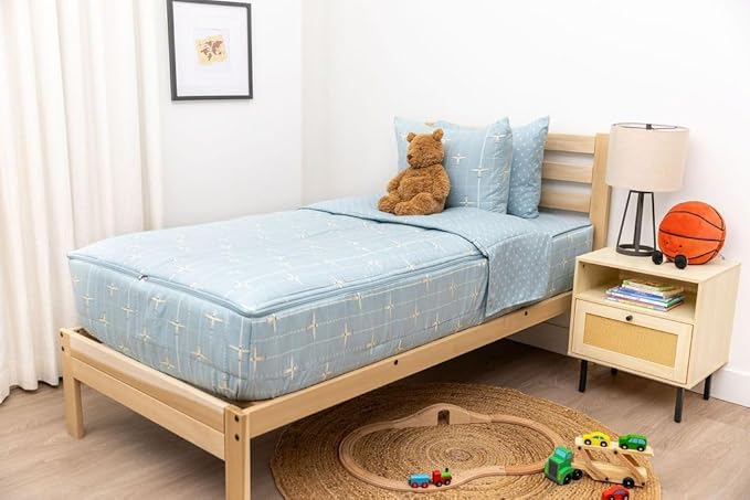 Beddy's Airplane Theme Durable Zipper Bedding for Kids, Bed in a Bag, Light Blue Sheets & Comforter with Plane Design, Includes Pillowcase & Pillow Sham Easy to Make & Wash