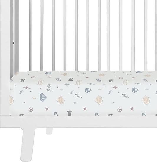 Makemake Organics GOTS Certified Organic Cotton Fitted Crib Sheet Soft Breathable Superheros (28"x52", Mighty Heros)