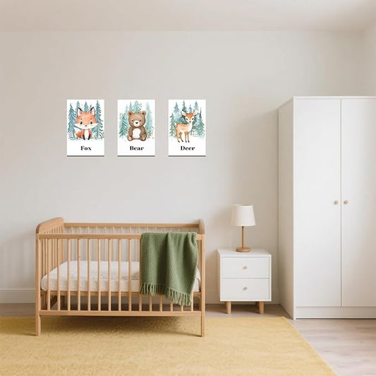 LZIMU Nursery Animal Canvas Wall Art 3 Pieces Cute Animal Baby Picture Prints Woodland Nursery Painting for Kids Boy Girls Room Decor Framed (Green, 12x16inchx3 Pieces)