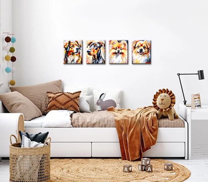 Framed Dog Wall Art Prints,Lovely Dog Canvas Wall Art,Set of 4 Funny Pet Dogs Prints,Colorful Impressionism Animals Wall Art for Living Room Bedroom Office Decor(8"x10")