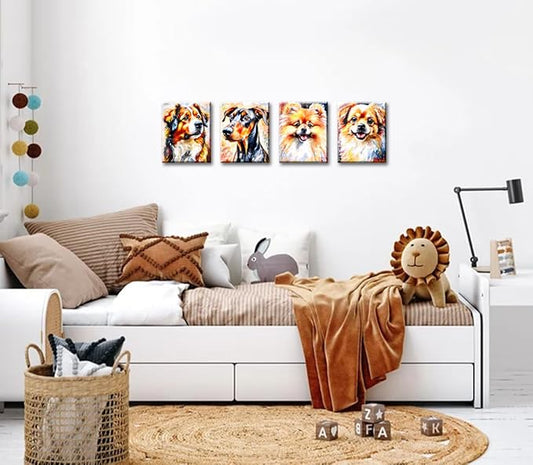 Framed Dog Wall Art Prints,Lovely Dog Canvas Wall Art,Set of 4 Funny Pet Dogs Prints,Colorful Impressionism Animals Wall Art for Living Room Bedroom Office Decor(8"x10")