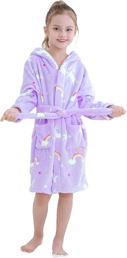 Umeyda Girls Fleece Hooded Robes, Warm Printed Bath Robe for Kids Soft Fuzzy Bathrobe for Gifts